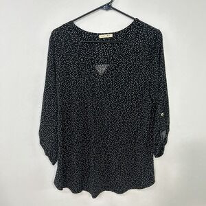 Beacon Black White Polka Dot Tunic Blouse Roll Tab Sleeve Minimalist‎ Classic L
